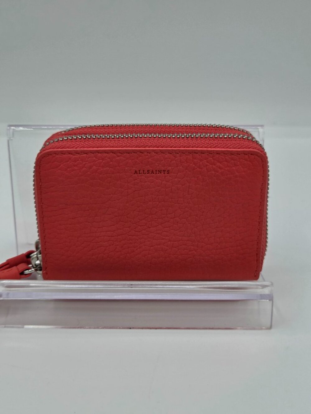 AllSaints Double Zip Wallet | Coral Pebbled Leather | Silver Hardware